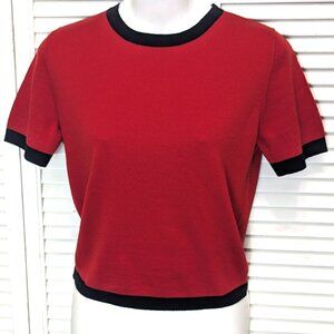Saks Fifth Red Short Sleeve Sweater Extra Fine Merino Small Lightweight Elegant